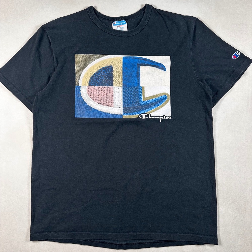 Champion T-Shirt Mens Large GT19 Graphic Big C Logo Black Short Sleeve Cotton